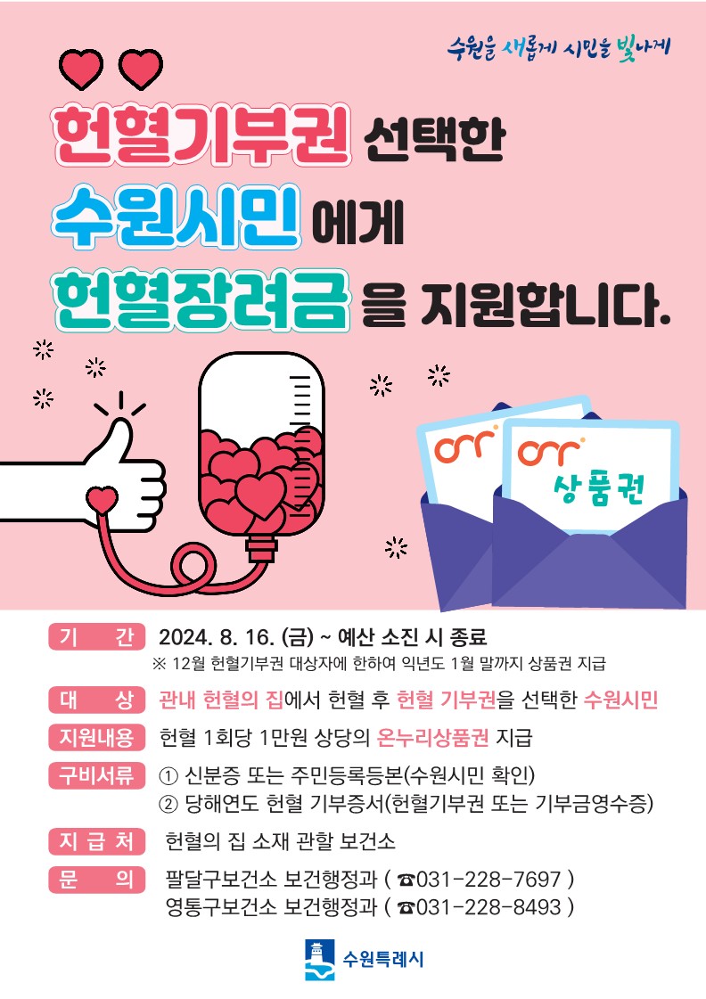 헌혈기부권 선택한 수원시민에게 헌혈장려금을 지원합니다